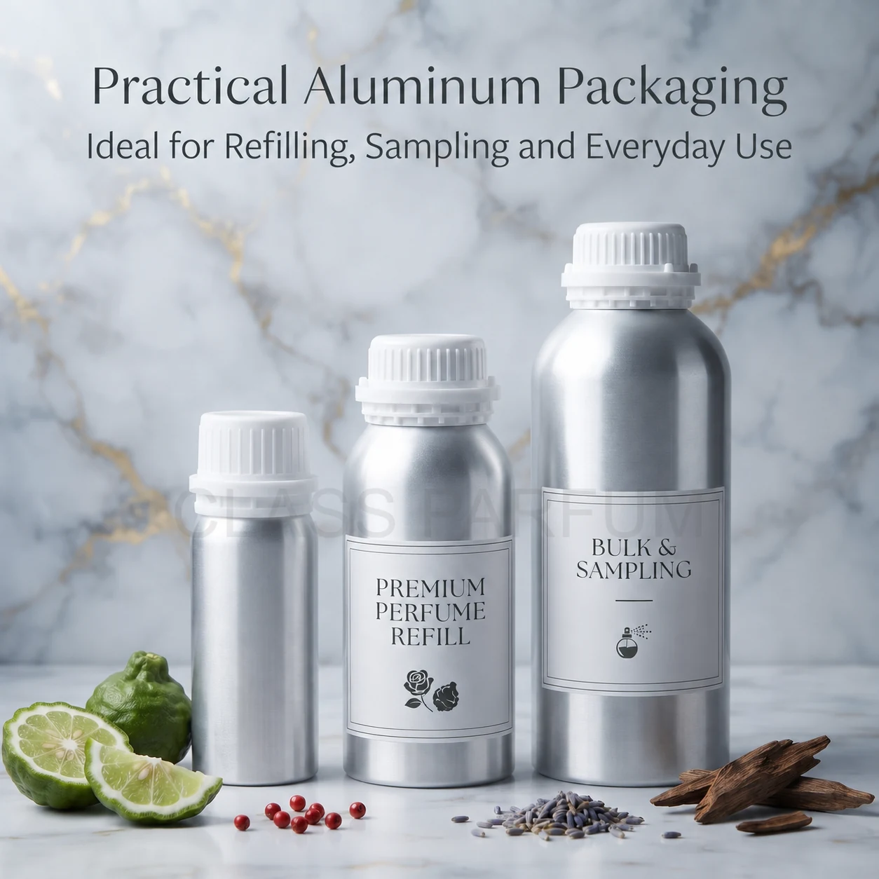 Class Parfum aluminum fragrance bottle for refill and sample use